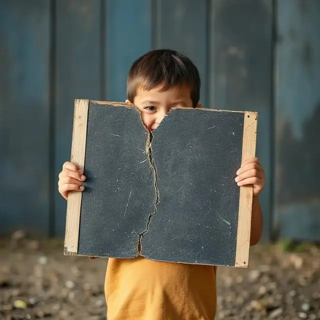 A child proudly holding up a broken board