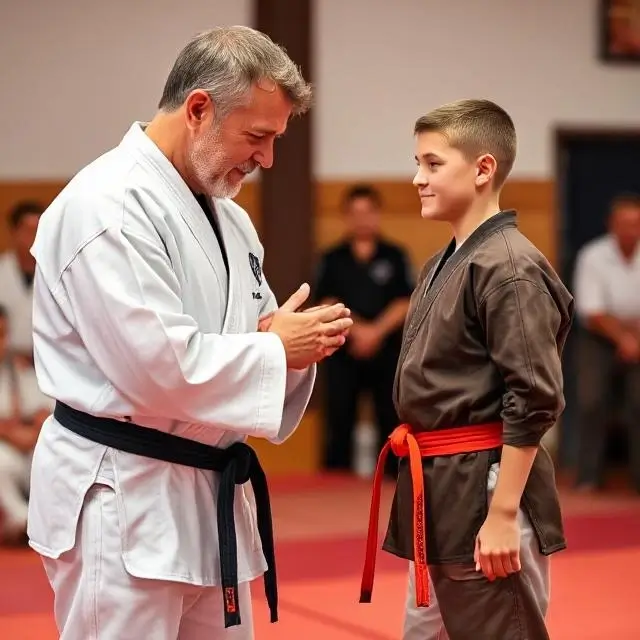 A master congratulating a teen on their new belt