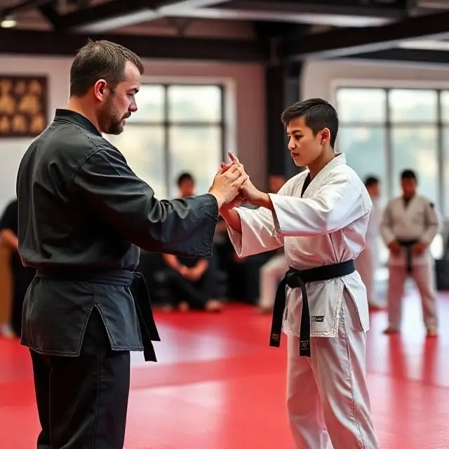 An instructor welcoming a new student to the class