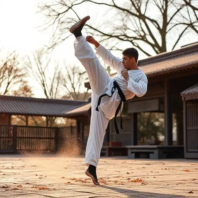 A martial artist executing a high kick