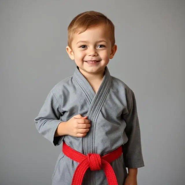 A child proudly displaying their new belt
