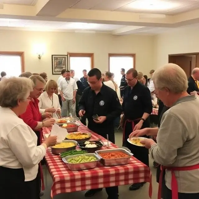 Members enjoying a community potluck event