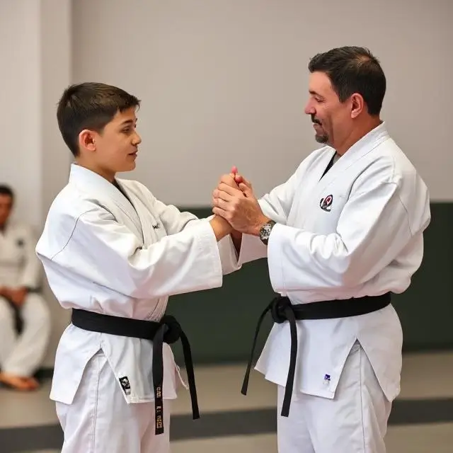 A student receiving their new belt from a master