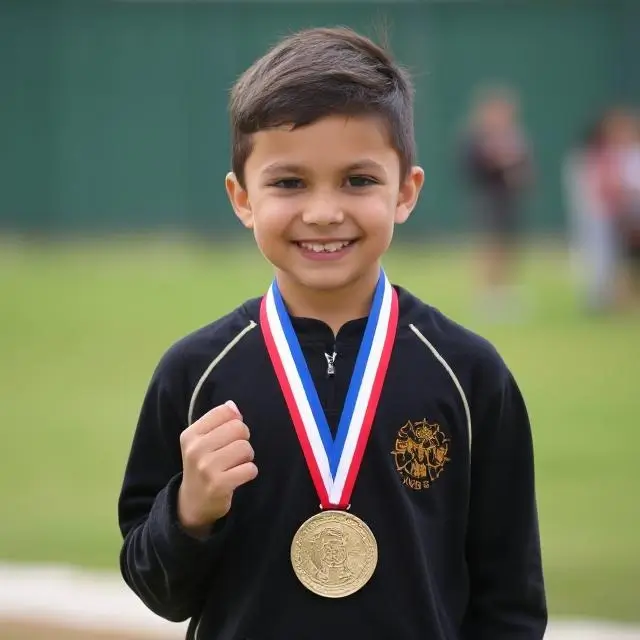 A young student proudly showing off their tournament medal