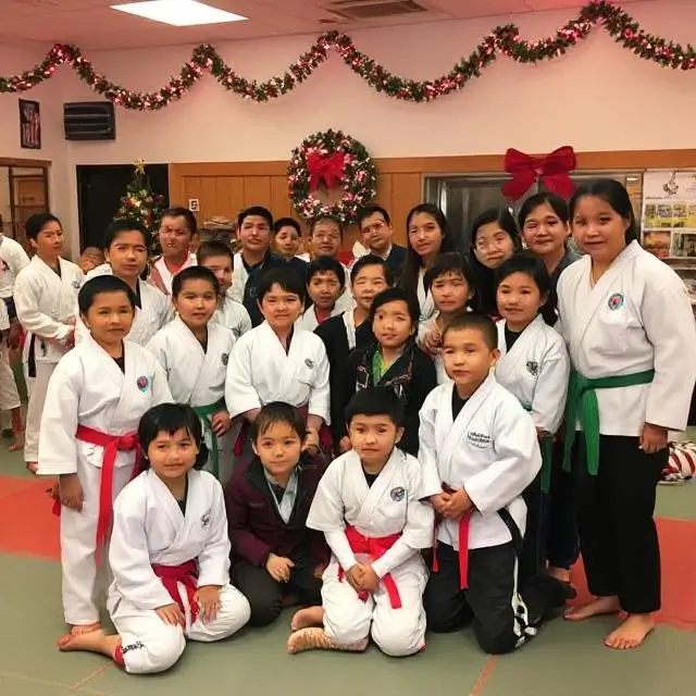 Students and families enjoying a holiday party at the dojo