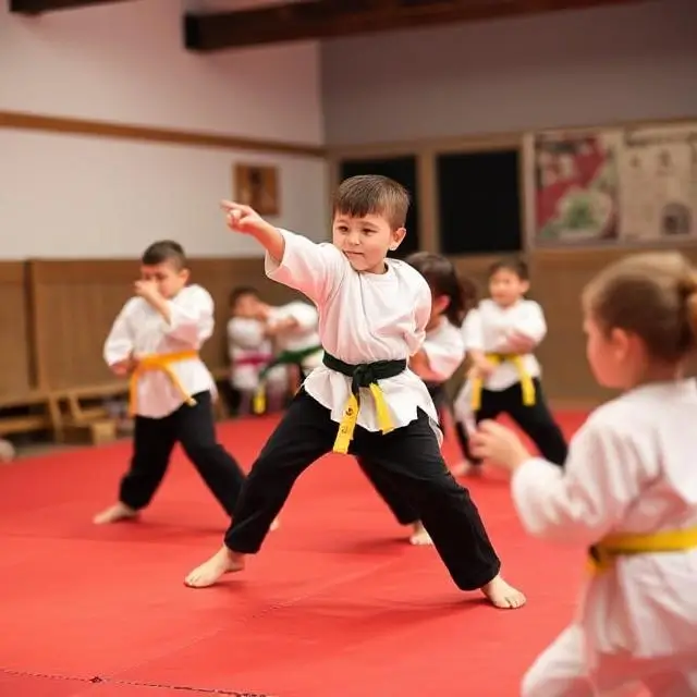 A group of children in a martial arts class