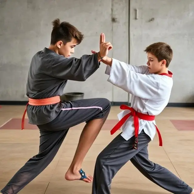 Teenagers practicing martial arts techniques