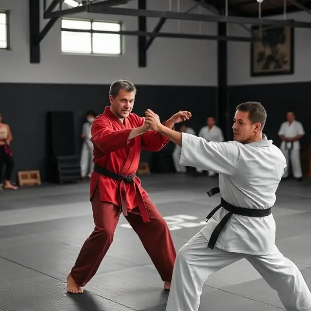 Adults in a martial arts training session