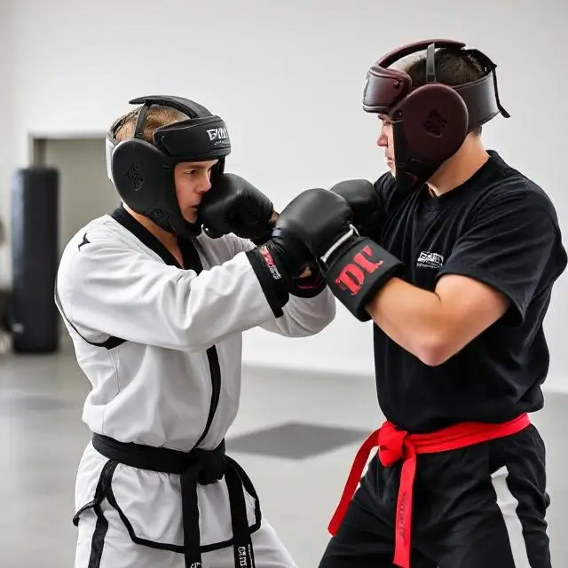 Two students engaged in controlled sparring with protective gear
