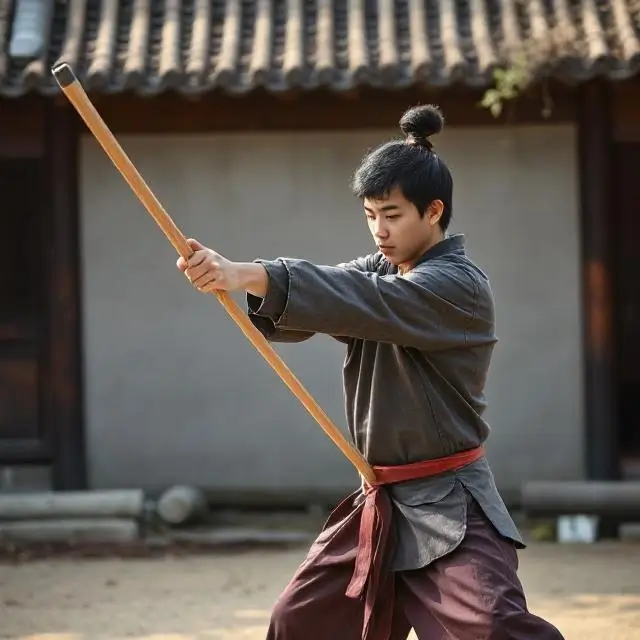 A student practicing with a traditional Bo staff