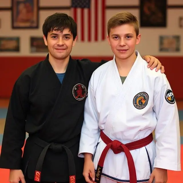 The same student, now a confident junior black belt
